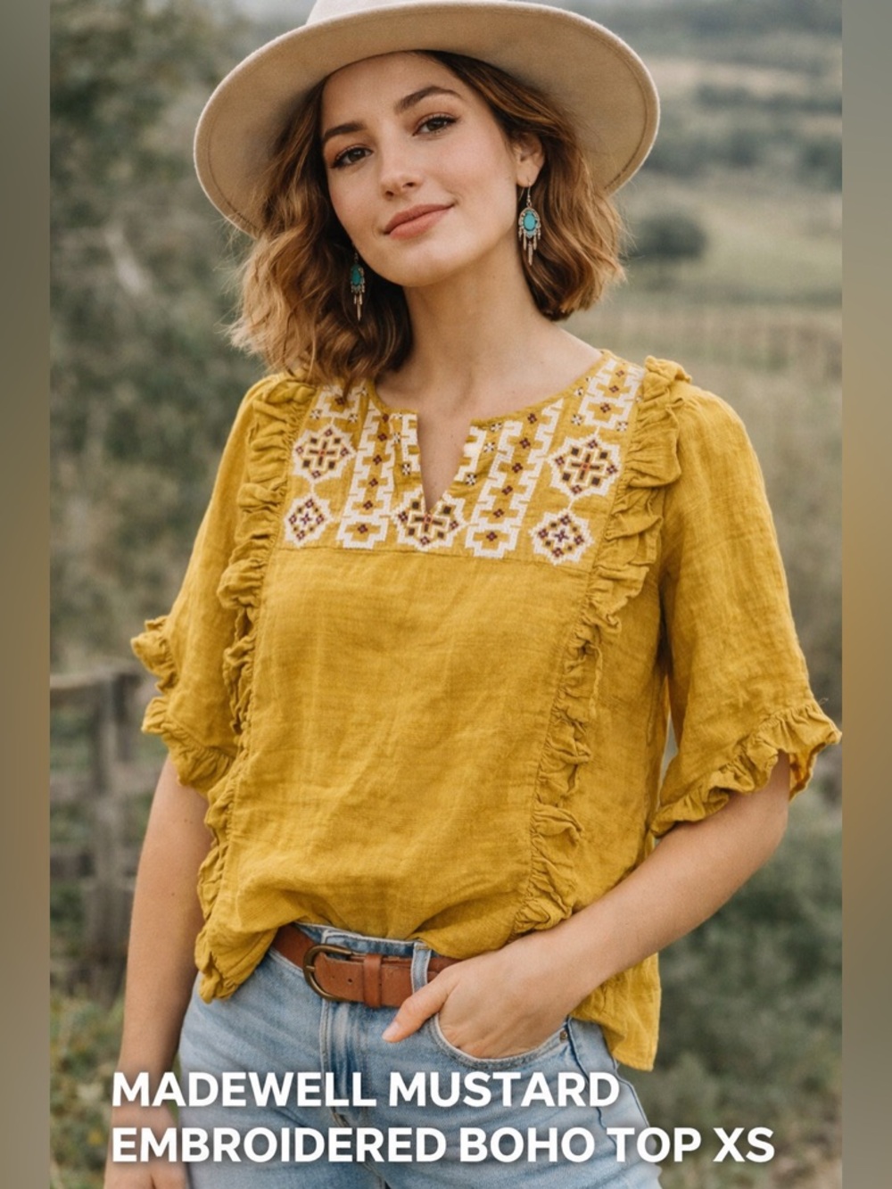 Madewell Mustard Yellow Embroidered Boho Top XS Ruffle Sleeve Cotton Blouse